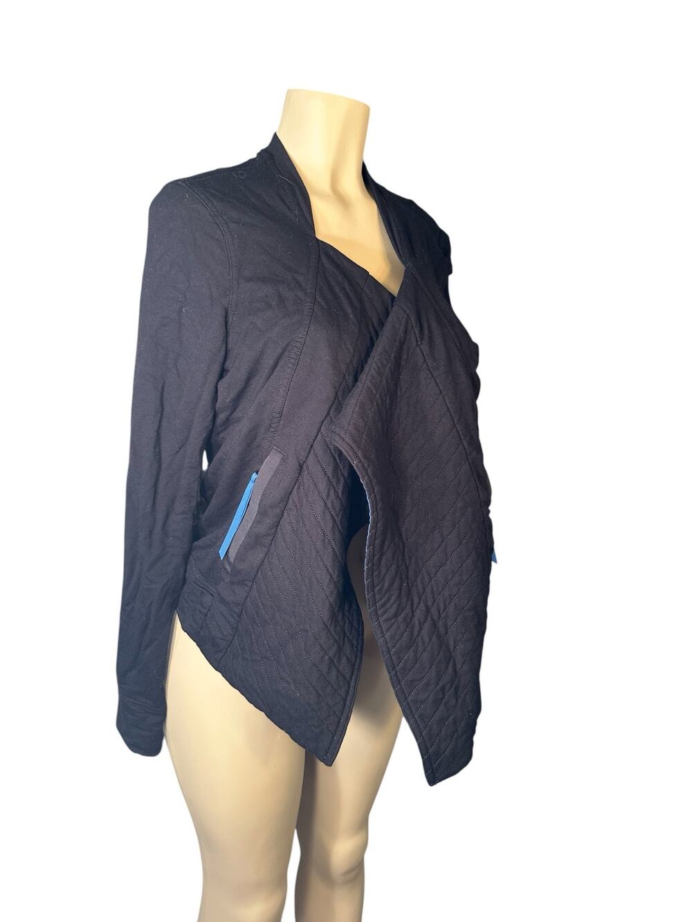 Women 6 Kit Ace Black Quilted Cowl Neck Jacket Coat Open Front Cashmere Blend